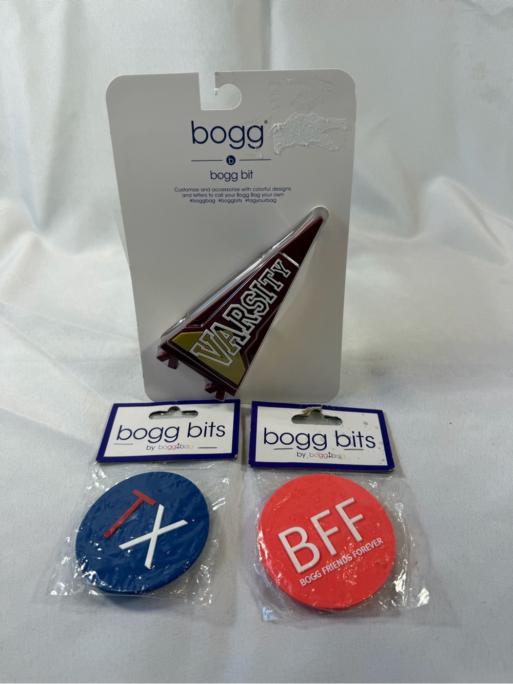 NWT Set Of 3 Bogg Bits, TX, BFF, & Varsity Pennant